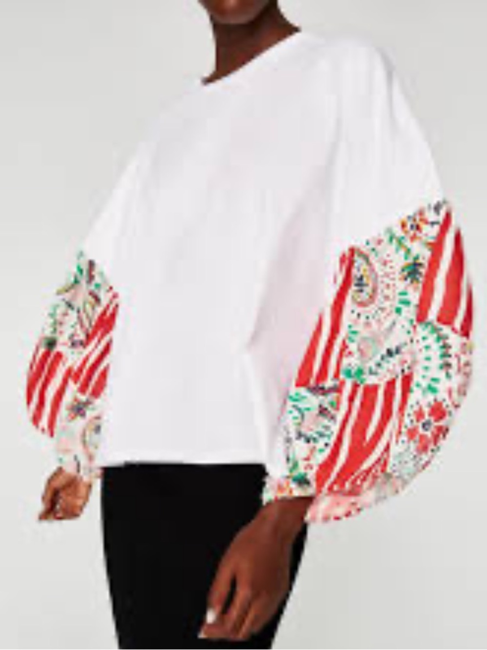 Zara Trafaluc White Red Mixed Print Balloon Sleeve Blouse Size M Boho